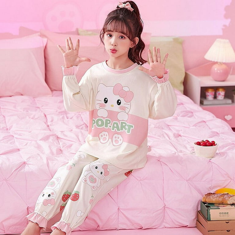 Sanrio Hello Kitty Pajamas Pants Kawaii Pijama Y2K Pyjama Pink Fluffy Suit  Long-Sleeved Trousers Onesize Cardigan Outfit Women 