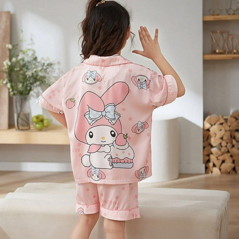 Kawaii Sanrio Hello Kitty Kuromi Cinnamoroll Children Ice Silk Pajamas  Summer Girl Relaxed Loose Fitting Short Sleeve Pajama Set