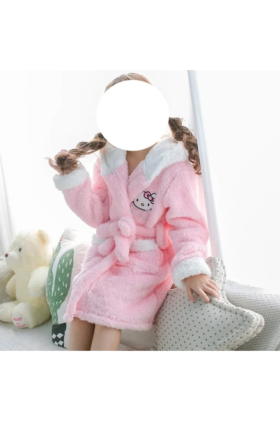 Kawaii Sanrio Hello Kitty Pajamas Night-Robe Autumn Winter Hooded Thick Bathrobe Matching Outfit Clothes Top