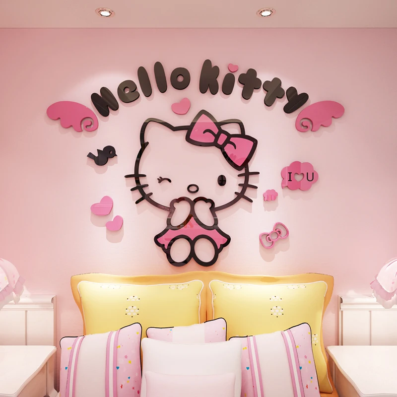 Kawaii Sanrio Hello Kitty Room Decor Cartoon 3d Wall Stickers DIY Children Princess Room Bedroom Bed Decorative Wall Stickers