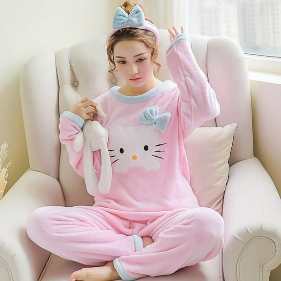 Kawaii Sanrio Hello Kitty Warm Plush Pajamas Winter Thickened Sleepwear Clothes Cartoon Cute Women Flannel Pajama Set Home