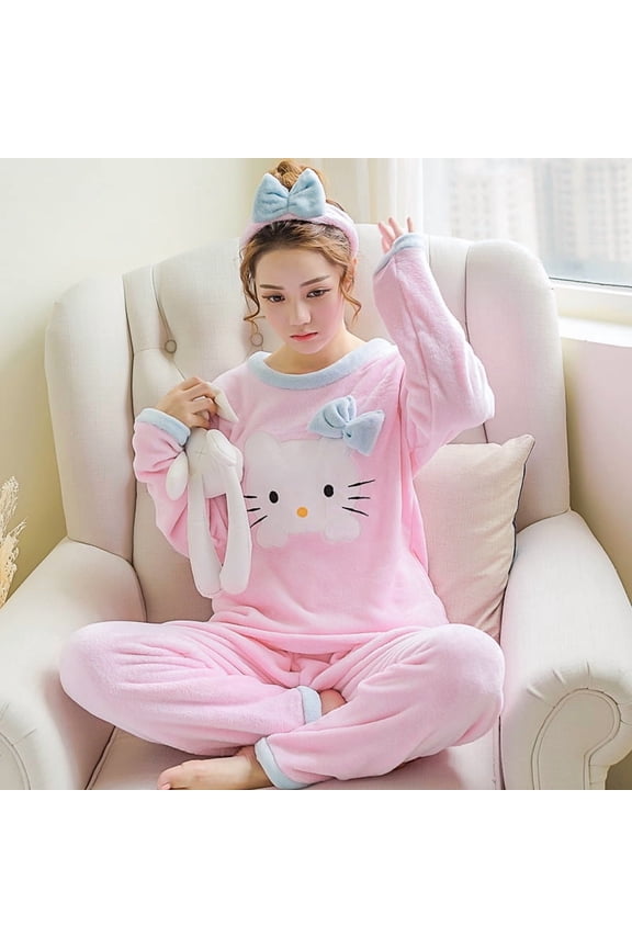 Kawaii Sanrio Hello Kitty Warm Plush Pajamas Winter Thickened Sleepwear Clothes Cartoon Cute Women Flannel Pajama Set Home