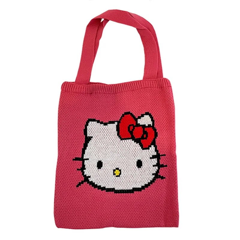 Kawaii Sanrio Hello Kitty Y2k Bag Knitting Tote Bag Women Crochet Woolen Open Shopper Top 6313