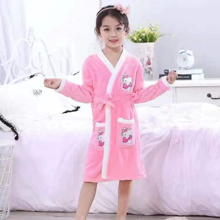 Kawaii Sanrio Hellokitty Bathrobes Winter Warm Robes Nightgown Thick Bathrobe Female Coral