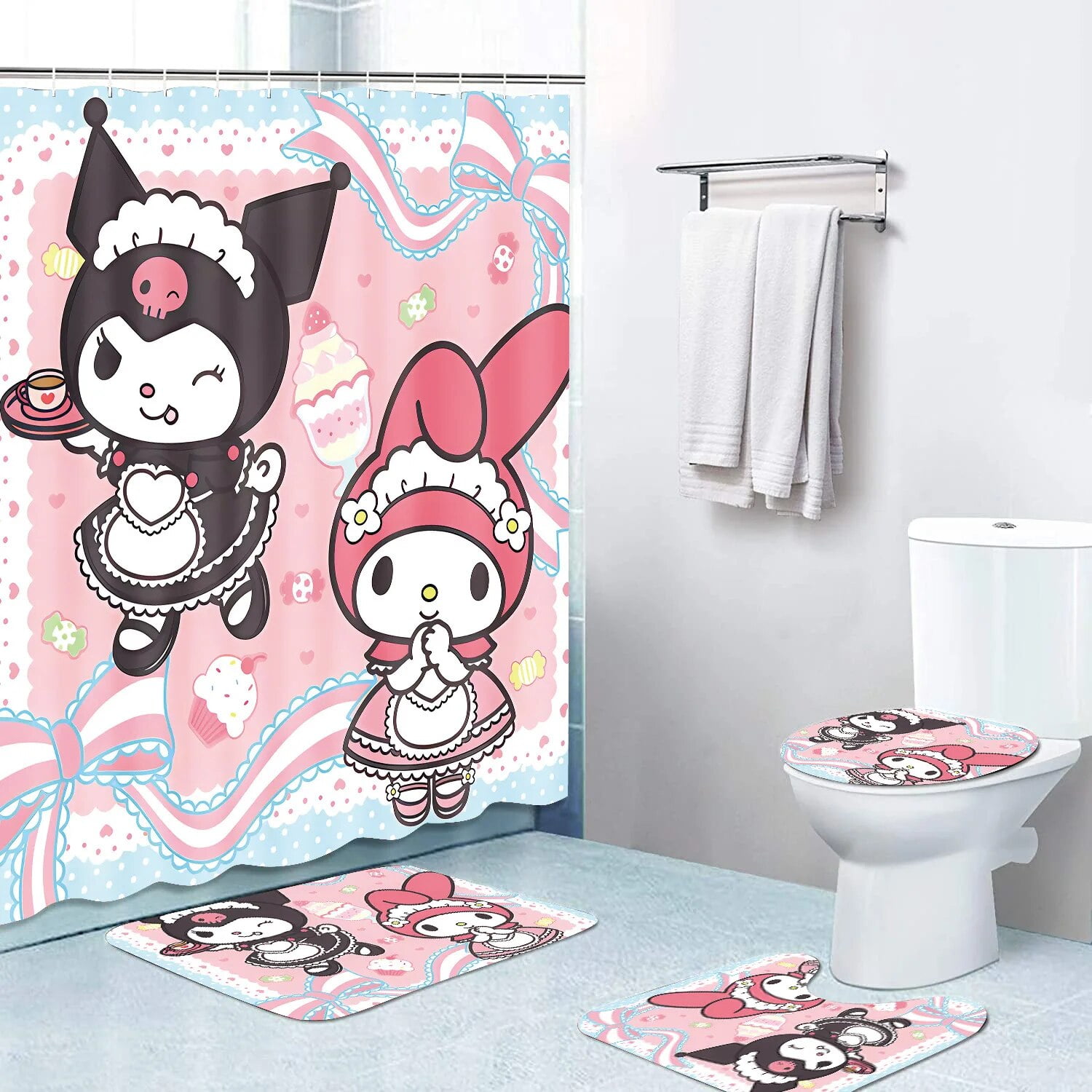 Kawaii Sanrio Hellokitty Kuromi Shower Curtain Four-Piece Set Anime ...