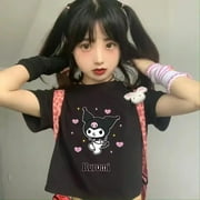 Kawaii Sanrio Kuromi Little Devil Cartoon Print T-shirt Summer Japanese Soft Girl Jk Girl T-shirt Y2k Aesthetic Women Tops