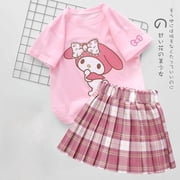 Kawaii Sanrio My Melody Kuromi Pleated Skirt Set Fashion Dress Preppy Jk Suit Short Sleeve Summer Clothes Gift