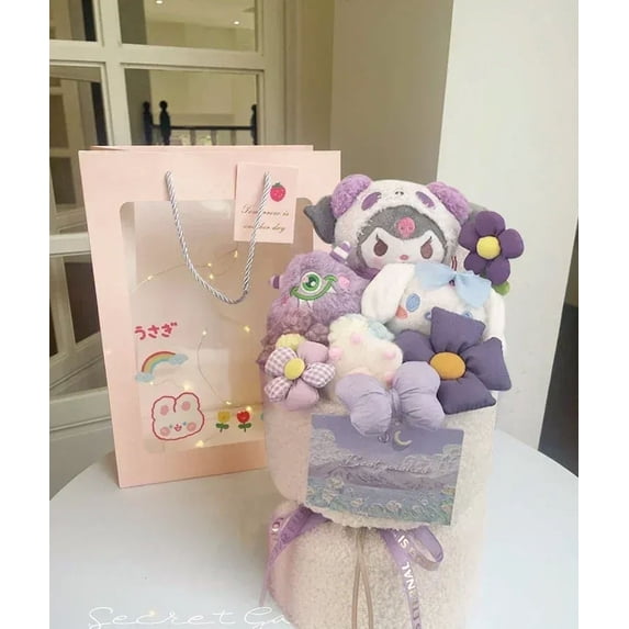 Kawaii Sanrio Plush Flower Bouquet Melody Kuromi Cinnamon Roll Fluffy Stuffed Plush Cartoon Room Decoration Doll Girl Toy Gift