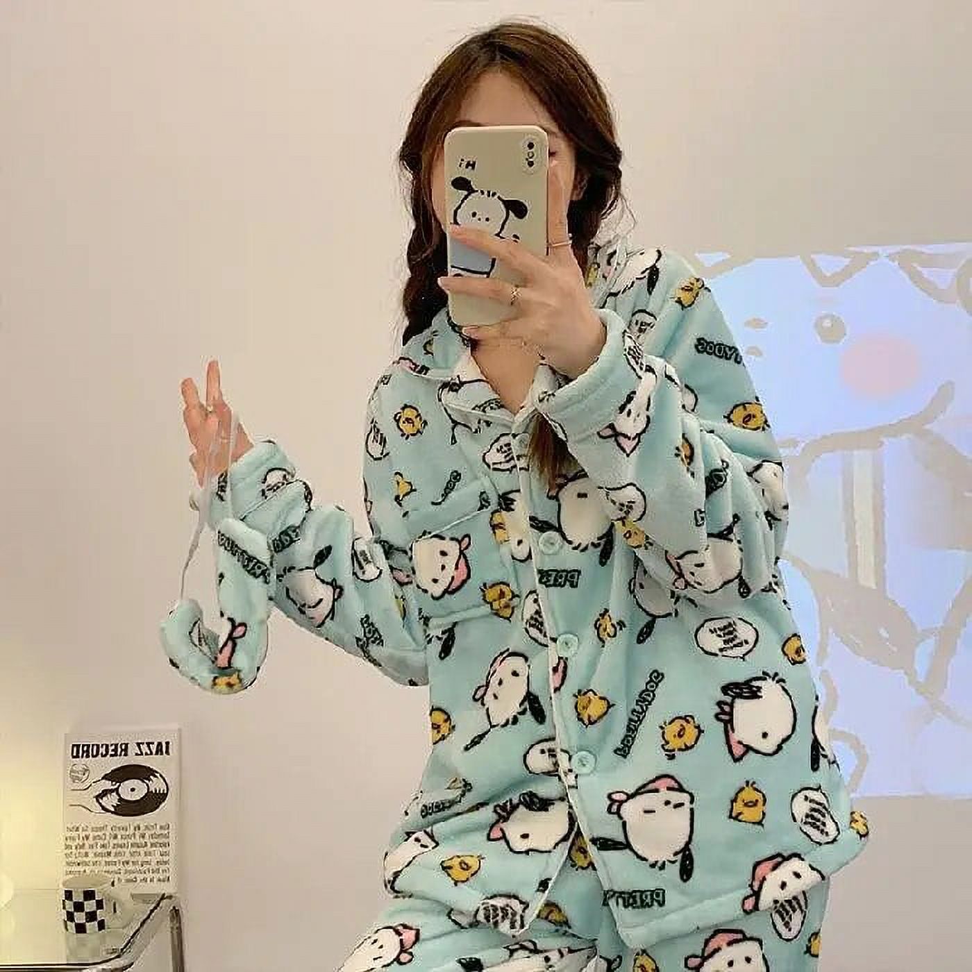 Kawaii Sanrios Autumn Winter Warm Flannel Women Pyjamas Sets Loungewear ...