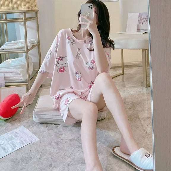 Kawaii Sanrios Kuromi 2Pcs Pajama Set Anime My Melody Cinnamoroll Short Sleeve for Women Summer Japanese Casual Cute