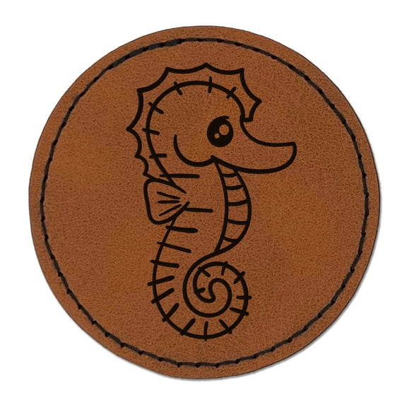 Kawaii Seahorse 2.5" Faux Leather Round Engraved Iron-On Patch - Brown