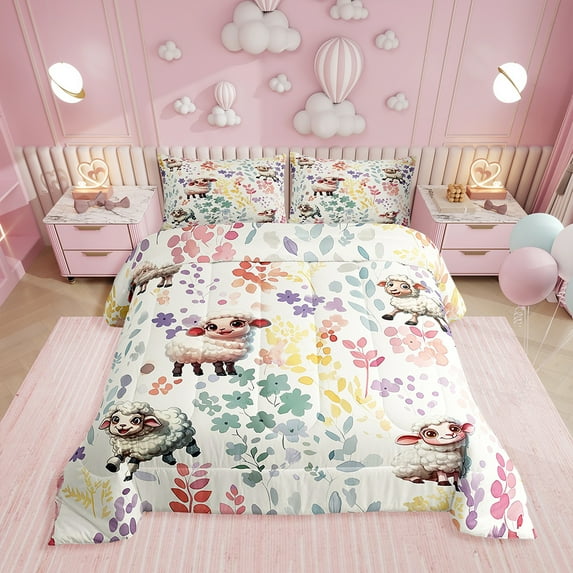 Kawaii Sheep Comforter Set Queen Size,Farmhouse Sheep Flower Bedding Set,Cute Watercolor Floral Quilt Bed Set Farm Animal Print Down Comforter with 2 Pillowcases