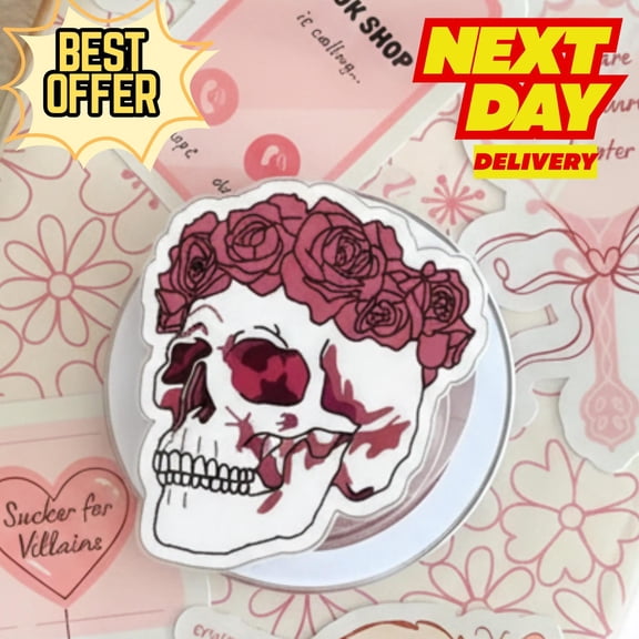 Kawaii Skull with Roses Magnetic Phone Grip  Cute Skull with Floral Rose Crown Design, Fun Phone Stand for Goth Lovers & Teens, Halloween