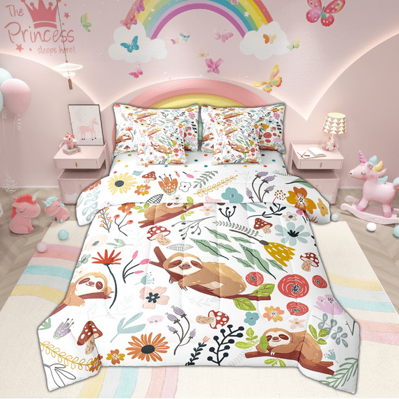 Kawaii Sloth Bed in a Bag Queen Comforter Set 7 Piece,Mushroom Floral Cartoon Animal Bedding Sets Watercolor Flowers Leaves Sheet Set with Comforter