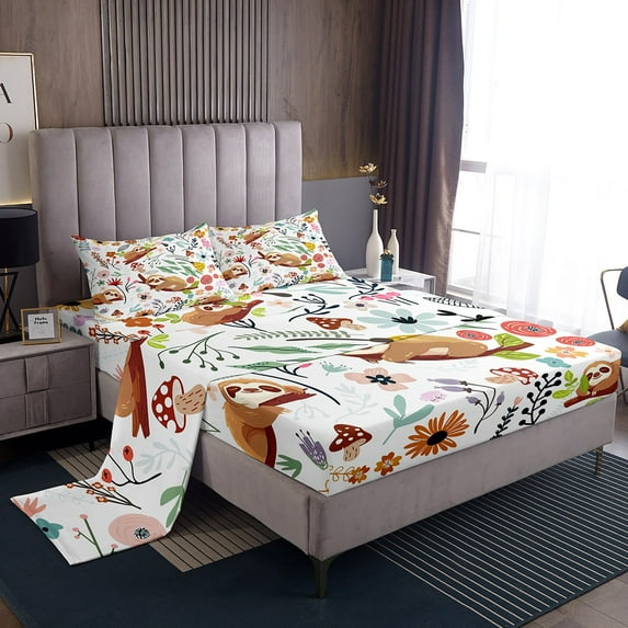Kawaii Sloth King Sheet Set ,Mushroom Floral Sheets Cartoon Animal Bed Sheets Set ,Watercolor Flowers Leaves Bedding Set Cute Room Decor