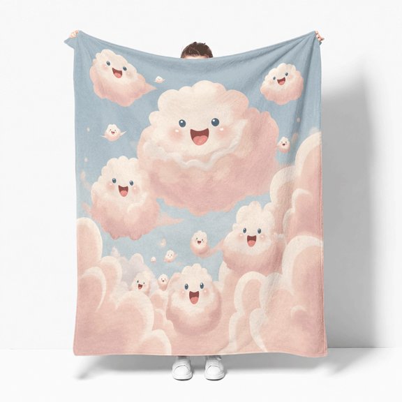 Kawaii Smiling Clouds Pink, Flannel Fleece Throw Blanket, Soft Cozy Plush Lightweight Warm, All-Season Decorative, Couch Sofa Bed Throw, Cozy Gift for Bedroom Living Room Office Travel