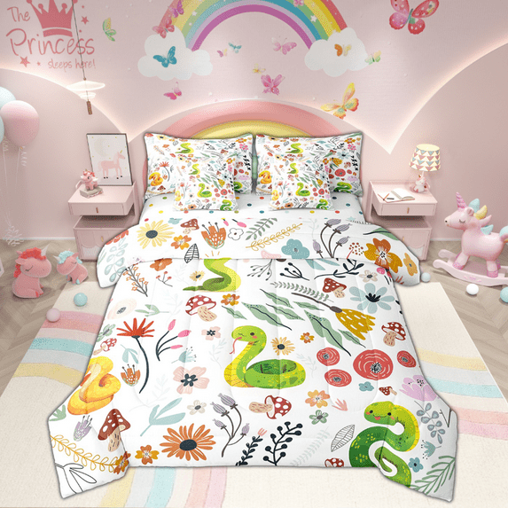 Kawaii Snake Bed in a Bag King Size Comforter Set 7 Pieces,Mushroom Floral Cartoon Animal Bedding Sets Watercolor Flowers Leaves Sheet Set with Comforter