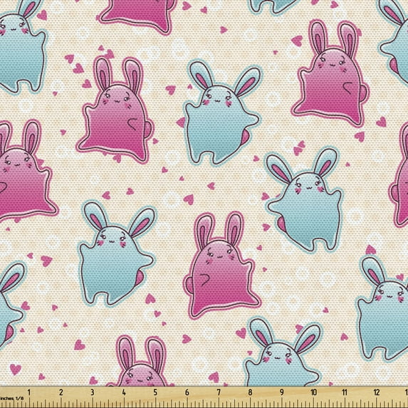 Ambesonne Kawaii Fabric by the Yard Upholstery, Fun Cartoon Hearts, 5 Yards, Pale Blue Pink Beige