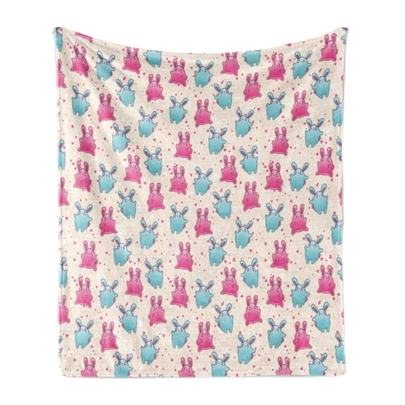 Kawaii Soft Flannel Fleece Throw Blanket, Children Pattern with Doodles Cartoon Funny Characters Little Hearts, Cozy Plush for Indoor and Outdoor Use, 50" x 70", Pale Blue Pink Beige, by Ambesonne