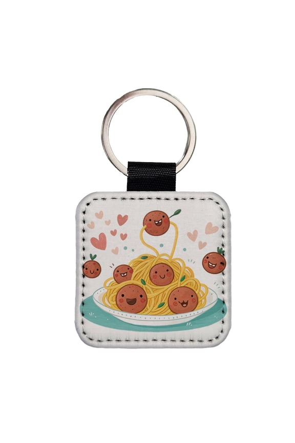 Kawaii Spaghetti And Meatballs Pasta Faux Leather Square Keychain