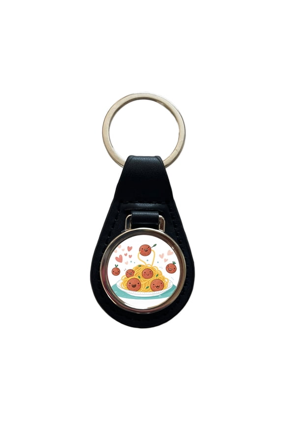 Kawaii Spaghetti And Meatballs Pasta Metal Black Leather Keychain