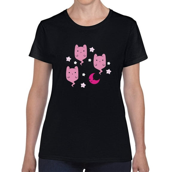 Kawaii Spirit Cat Graphic Women Black T-Shirt, Female Medium