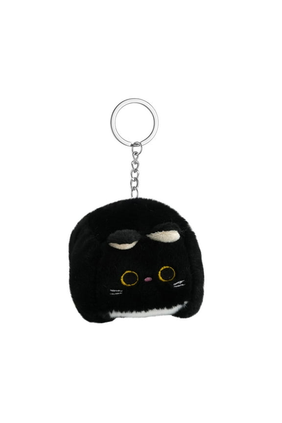 Kawaii Square Cat Plush Keychain, Cartoon Kitty Stuffed Animal Pendant for Bags and Backpacks, Mini Soft Doll Ornament and Key Ring Style #F060 Black