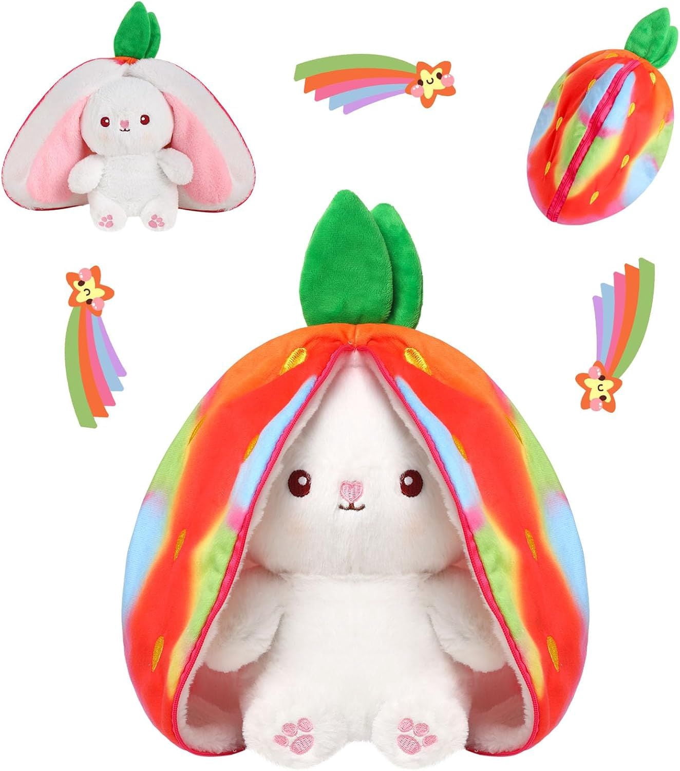 Kawaii Squishy Cute Easter Bunny Plush Turn Into Rabbit Fruit Doll Carrot Strawberry Pillow, Plushies Funny Bunny Toy for Baby