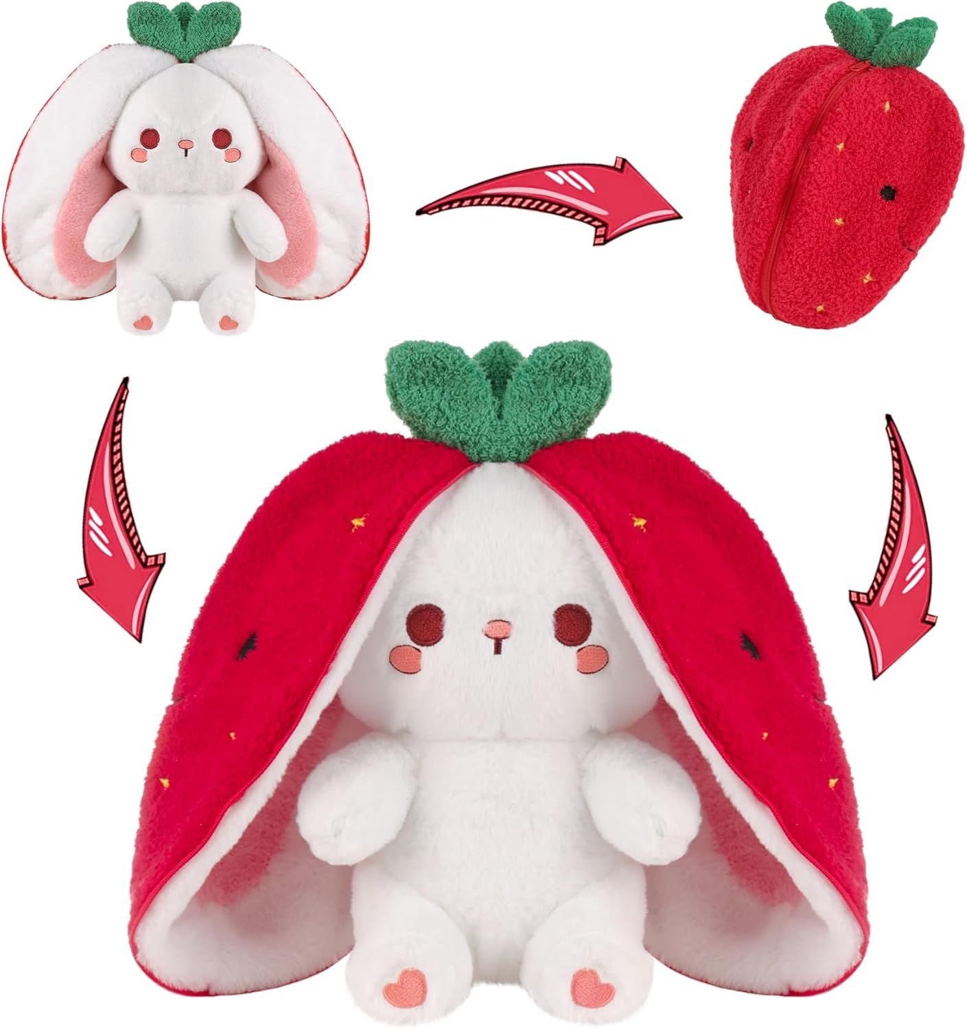 Kawaii Squishy Cute Easter Bunny Plush Turn Into Rabbit Fruit Doll Carrot Strawberry Pillow, Plushies Funny Bunny Toy for Baby