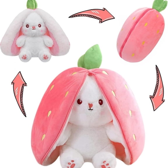 Kawaii Squishy Cute Easter Bunny Plush Turn Into Rabbit Fruit Doll Carrot Strawberry Pillow, Plushies Funny Bunny Toy for Baby