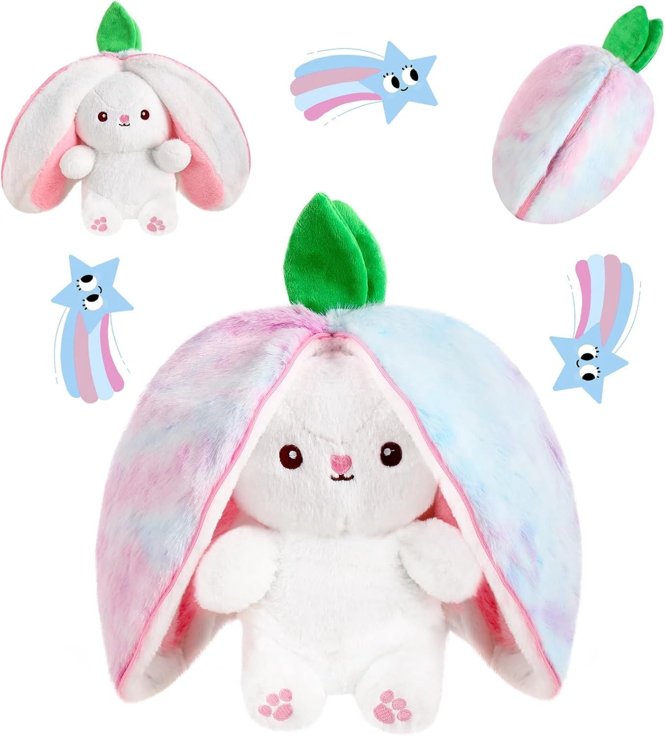 Kawaii Squishy Cute Easter Bunny Plush Turn Into Rabbit Fruit Doll Carrot Strawberry Pillow, Plushies Funny Bunny Toy for Baby