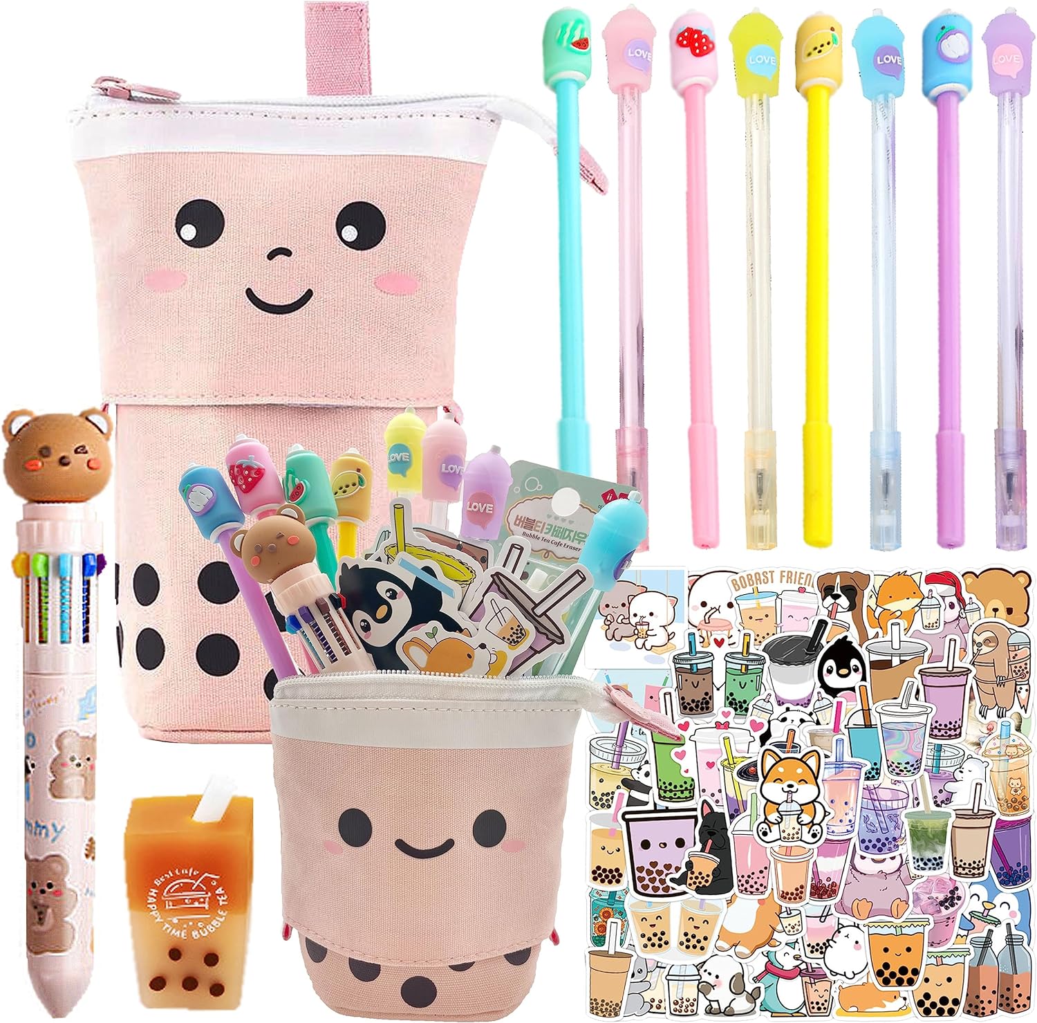 Kawaii Stationary Set comes with 1 Pop Up Boba Pencil Case, 1 Boba Kawaii  Eraser, 8 Kawaii Pens, 50 Pcs Assorted Bubble Tea Stickers and 1 Kawaii