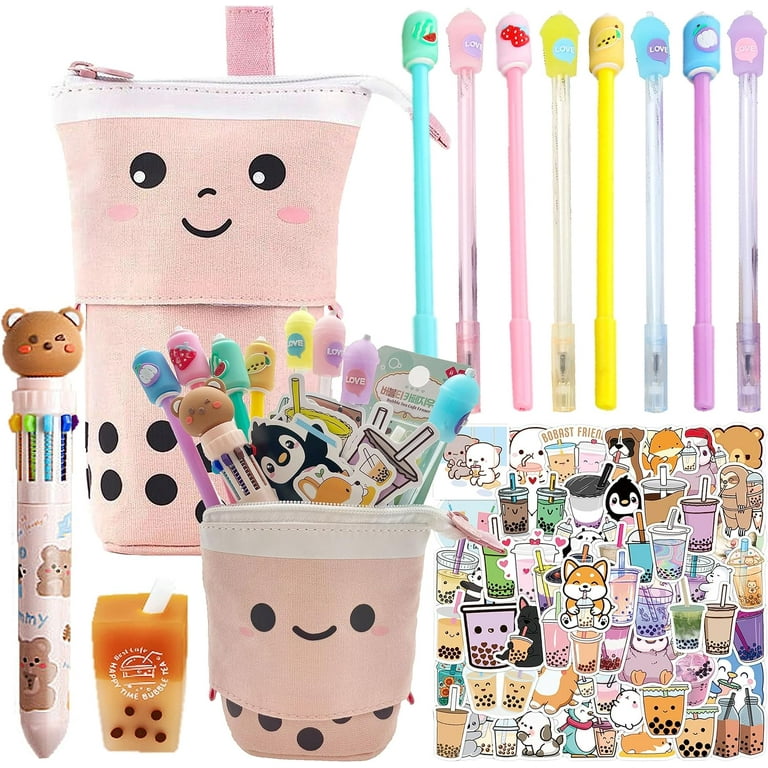 Kawaii Stationary Set comes with 1 Pop Up Boba Pencil Case, 1 Boba Kawaii  Eraser, 8 Kawaii Pens, 50 Pcs Assorted Bubble Tea Stickers and 1 Kawaii
