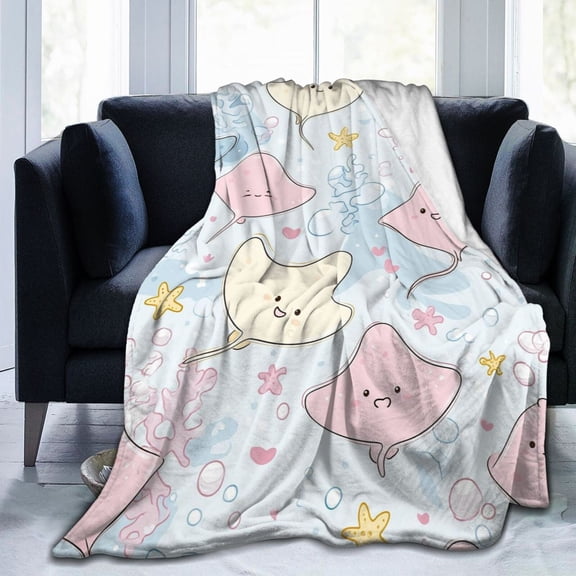Kawaii Stingray Sea Pancake Throw Blanket, Cute Ocean Animal Art Soft Flannel Fleece for Couch Bed, Aesthetic Pastel Home Decor 50x40
