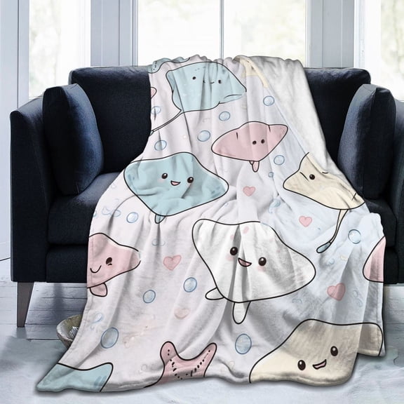 Kawaii Stingray Sea Pancake Throw Blanket, Cute Ocean Animal Art Soft Flannel Fleece for Couch Bed, Aesthetic Pastel Home Decor 50x40