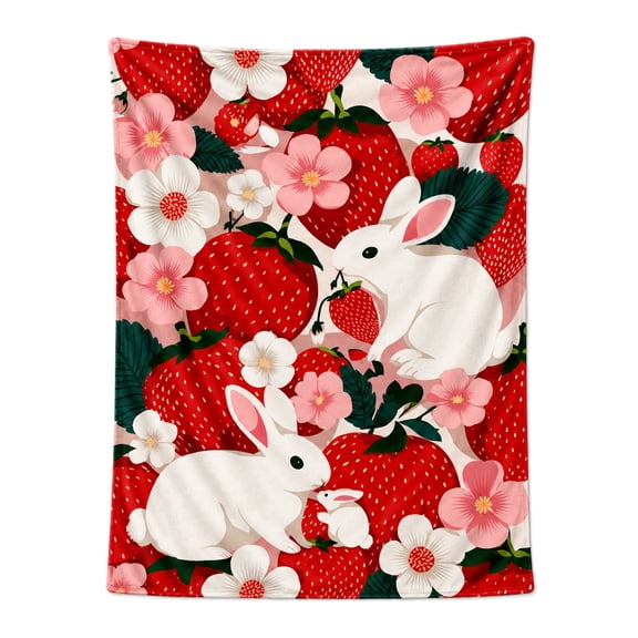 Strawberry Bunny Throw Blanket, Cute Fruit Pattern Flannel Fleece, Soft Lightweight Decorative Blanket for Sofa, Bed & Home 50x40