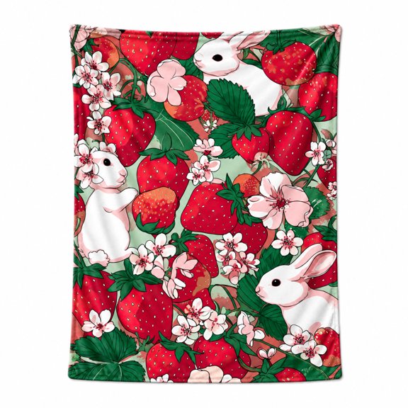 Kawaii Strawberry Bunny Throw Blanket, Cute Fruit Pattern Flannel Fleece, Soft Lightweight Decorative Blanket for Sofa, Bed & Home 50x40