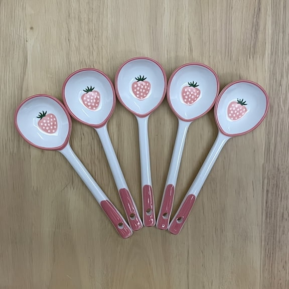 Kawaii Strawberry Ceramic Soup Spoon - Cute Korean Ice Cream & Dessert Spoon with Long Handle, Reusable for Home & Cafes, Hand-Painted Pink & Design, Durable Ceramic Material, Cute Spoon