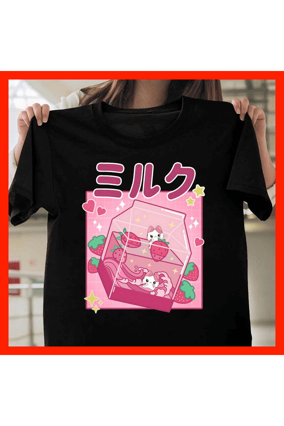 Kawaii Strawberry Milk Carton T-Shirt Cute Cat Anime Japanese Milk Drink Tee Pastel Aesthetic Clothing G935, for Unisex – Sizes Up to 5XL