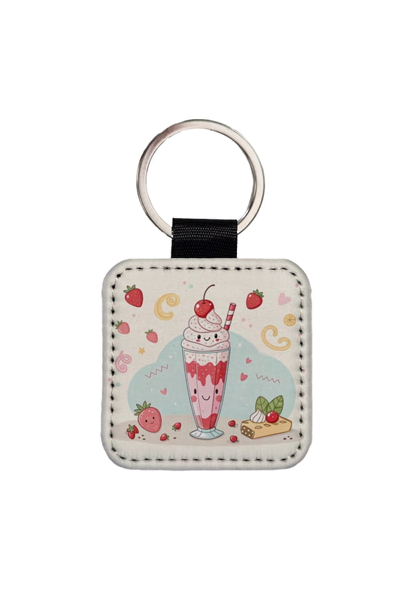 Kawaii Strawberry Milk Shake Faux Leather Square Keychain