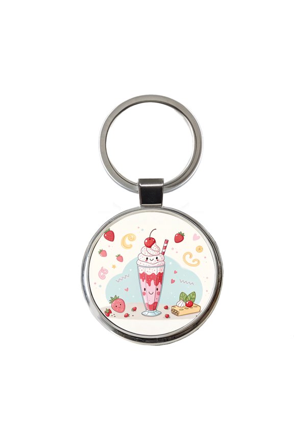 Kawaii Strawberry Milk Shake Metal Round Keychain