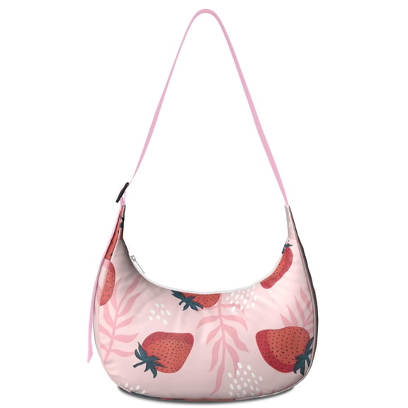Kawaii Strawberry Pattern Nylon Hobo Bag for Women, Red Berry Lightweight Shoulder Purse, Cute Crossbody Tote, Water-Resistant Fruit Handbag for Summer