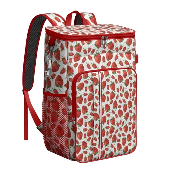 Kawaii Strawberry Print Insulated Cooler Bag, Leakproof Backpack for Summer Beach Days and Office Lunch