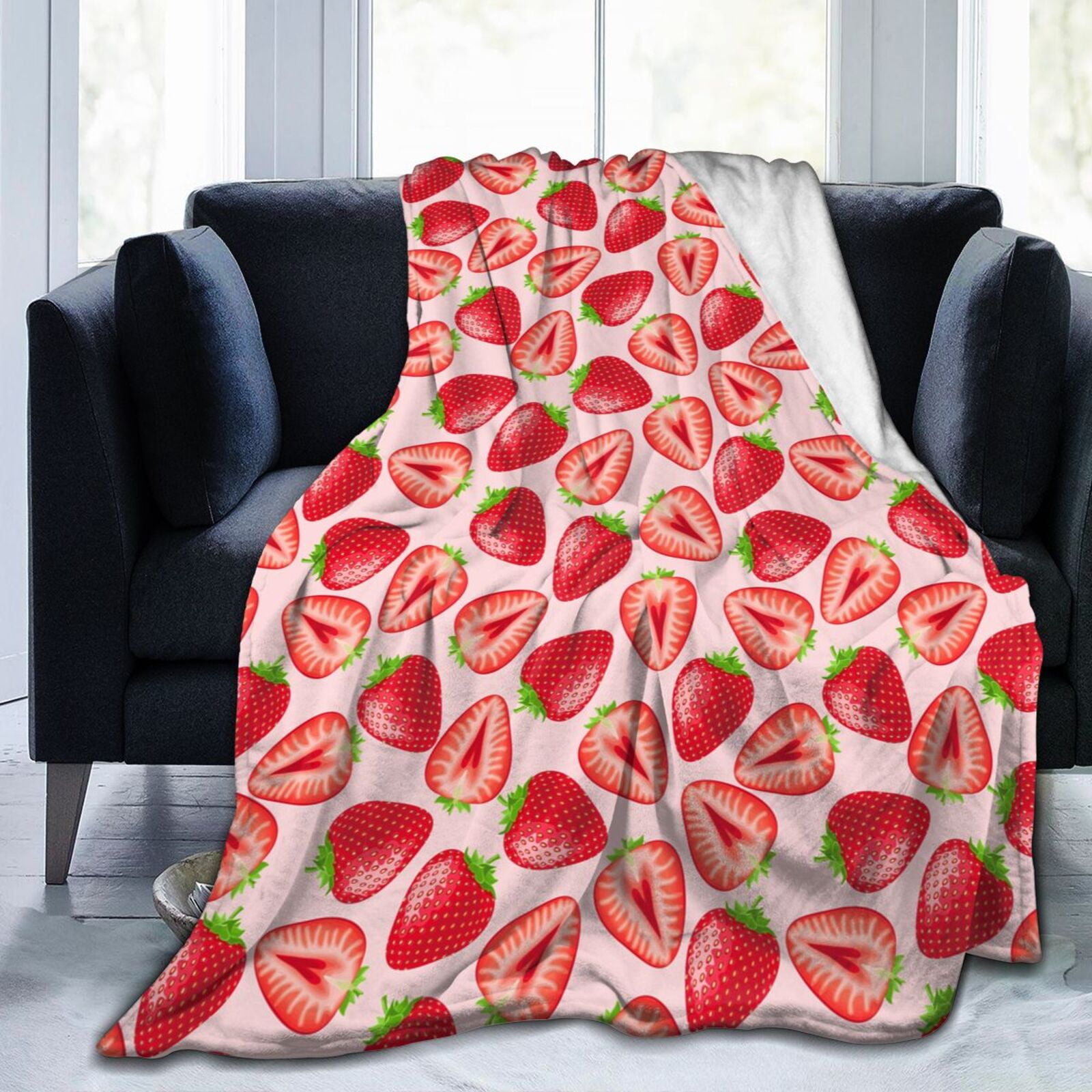 Kawaii Strawberry Print Throw Blanket Soft Cozy Warm Durable Fuzzy