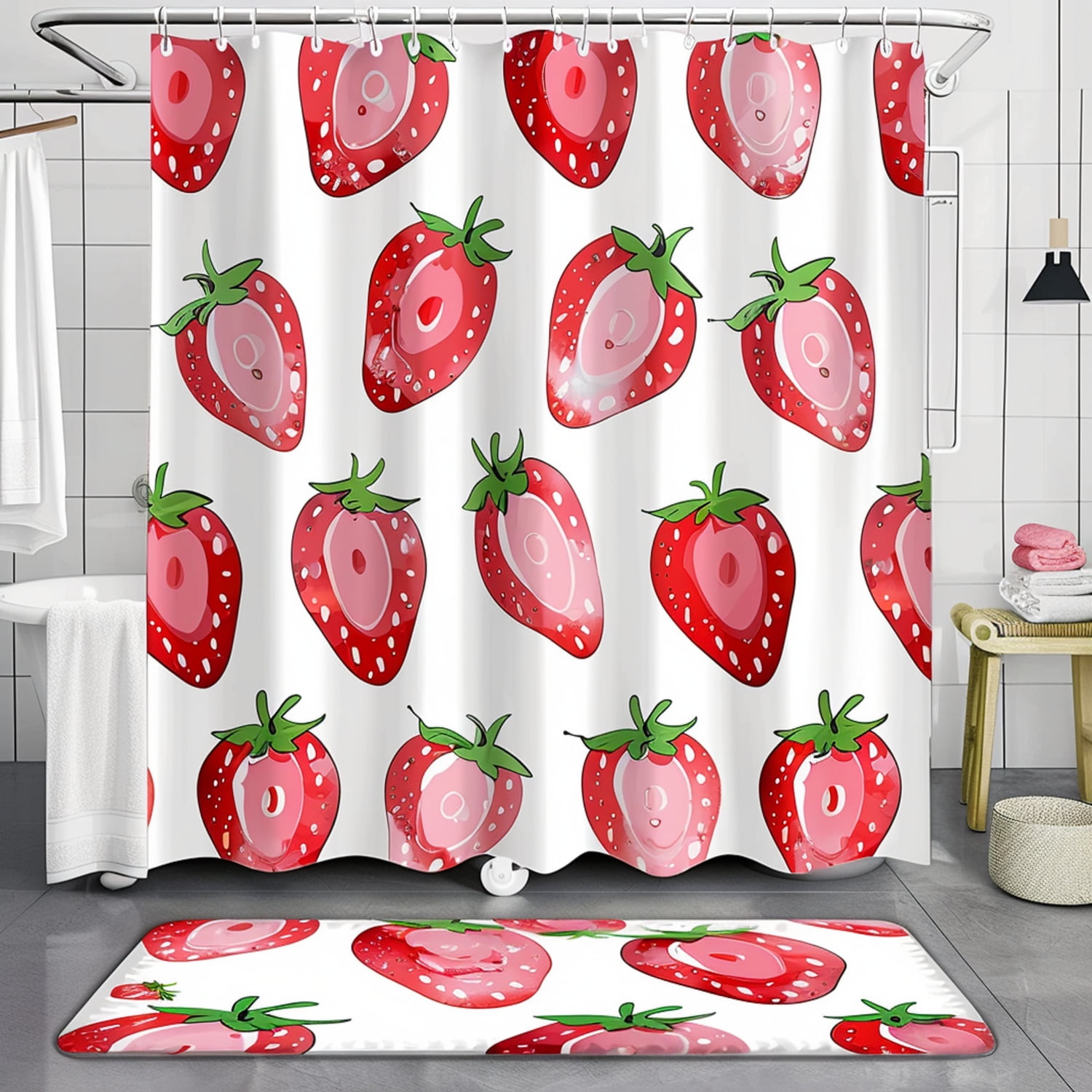 Kawaii Strawberry Shower Curtain Set Cute Red Berries Design for Modern