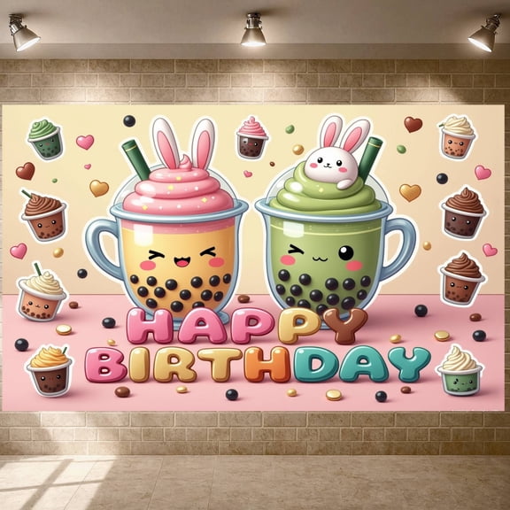 Kawaii Style Banner Cute Cartoon Design Party Backdrop Pink & Green Tone Heart Pattern Celebration Background for Kids Birthday Party Indoor Celebration Girls' Birthday Event
