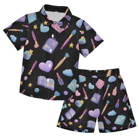 Kawaii Style Makeup Pattern Boys' Hawaiian Shorts Sets Button Down Shirts 3T-10Y for Beach Vacation