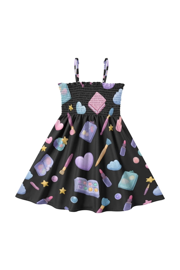 Kawaii Style Makeup Pattern Girls' Casual Dresses 2Y-8Y Sleeveless Ruffle Neck for Summer Daily Wear