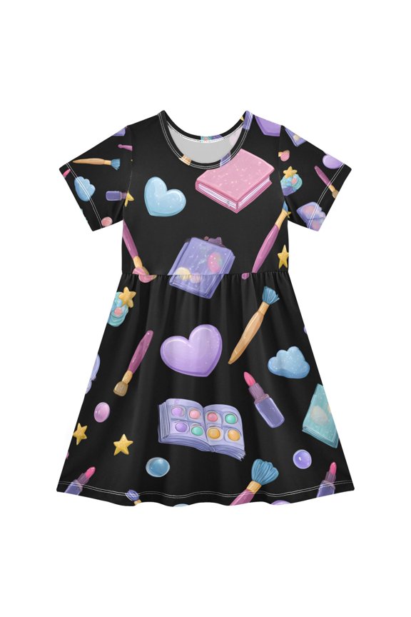Kawaii Style Makeup Pattern Girls Short Sleeve Dress A Line Sun Protection Breathable Comfort Sundress 2T