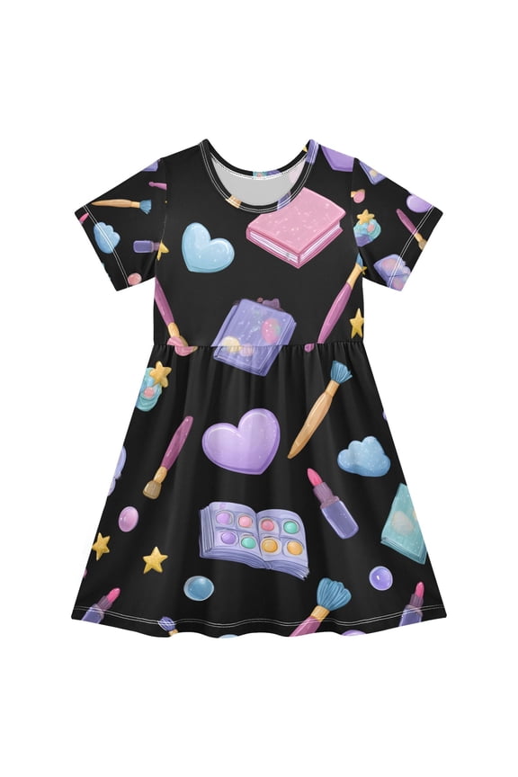 Kawaii Style Makeup Pattern Girls Short Sleeve Dress A Line Sun Protection Breathable Comfort Sundress 4T